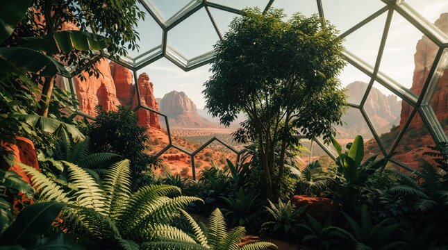 Geodesic dome greenhouse shelters rich plants against arid red rock desert landscape. Verdant foliage thrives inside structure, offering controlled oasis with stunning natural panorama view.