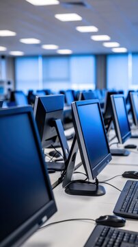 Close view of a row of desktop monitors and keyboards in a modern computer lab classroom background for education training banner and wallpaper