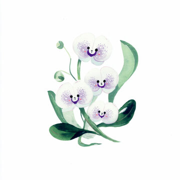 Delicate watercolor orchids with green leaves for botanical art and design