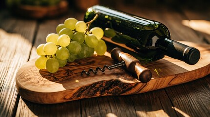 Obraz premium Wine bottle and fresh grapes rest on wooden board with corkscrew. Natural light illuminates table setting, perfect for winery or restaurant decor.