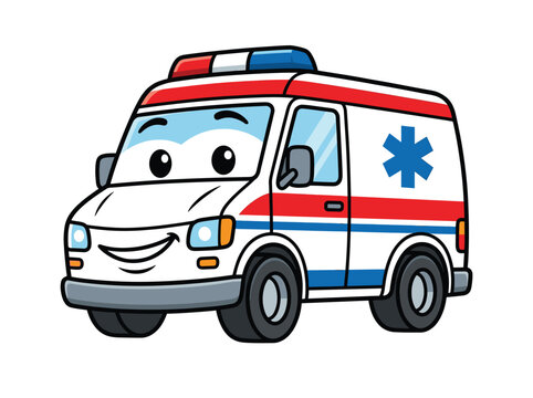 Ambulance vehicle vector illustration, cute cartoon emergency van with smiling face and medical star of life isolated on white background