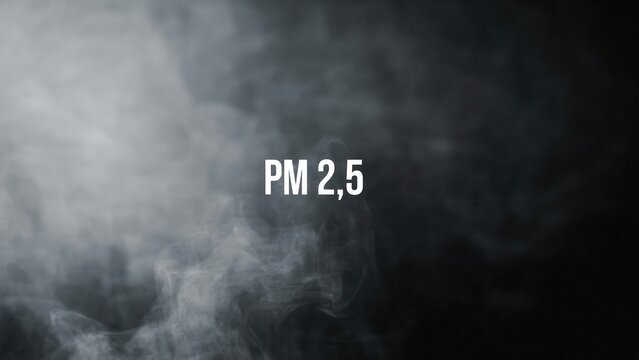 Dense smog clouds with PM 2.5 text overlay on black background. Environmental concept for air pollution awareness and health safety campaigns.