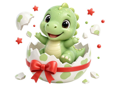 A small dragon hatches from an egg. Plasticine animation style, white background.