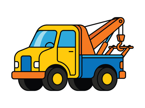 Tow truck vector illustration, yellow and blue wrecker vehicle with crane and hook, transport icon