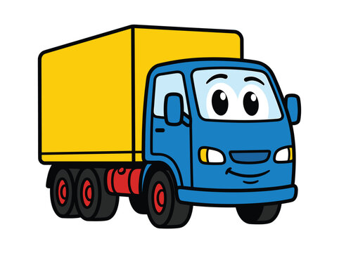 Cute cartoon truck vector illustration of a friendly blue and yellow delivery vehicle character