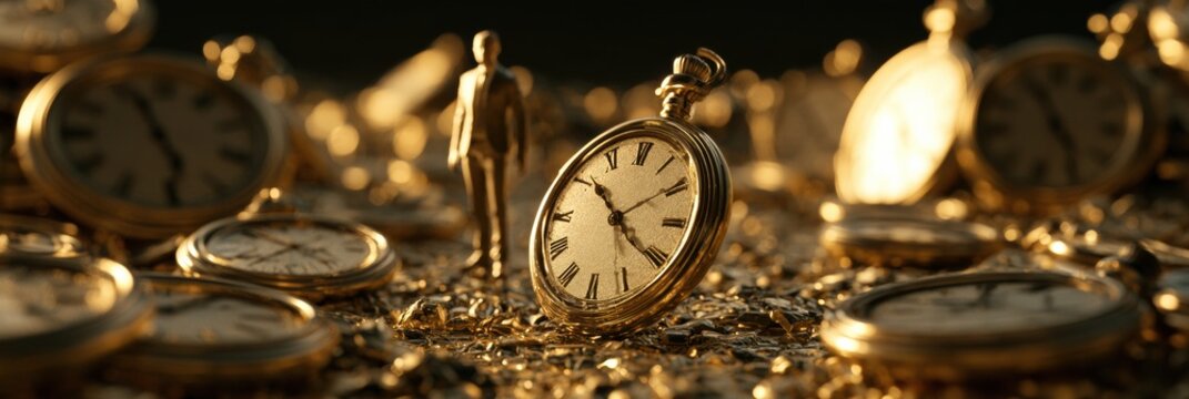 Abstract figure stands among paused clocks representing personal time and financial independence in a dark setting.
