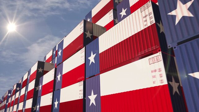 Texas USA export production and import cargo containers in row seamless and looping concept. Texas flag industrial shipping box 3d loop.
