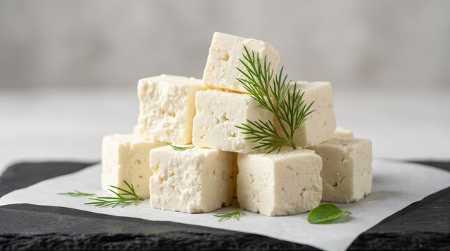 A pile of white feta cheese cubes served with fresh green dill and herbs.