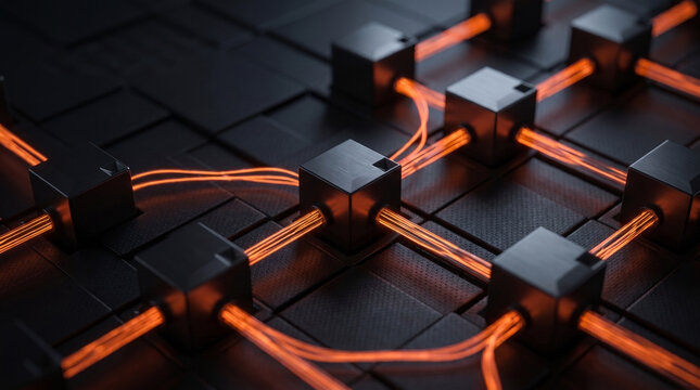 Abstract technology network concept featuring dark metallic cubes connected by glowing orange cables over a grid textured background