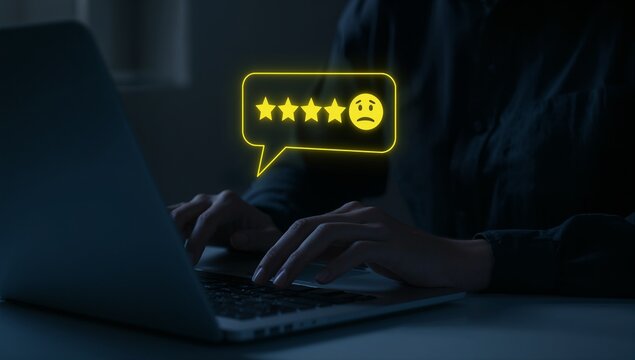 Negative customer review, online feedback concept. Woman using smartphone to leave one star review, with sad face emojis and rating icons. customer feedback, online reviews, consumer dissatisfaction