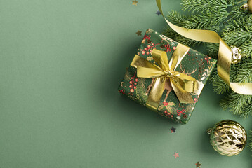Obraz premium Festive Holiday Gift Box with Pine Branches and Golden Ribbon Decoration