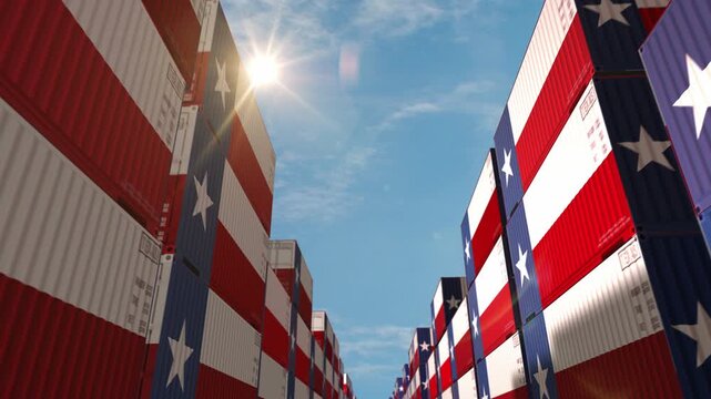 Texas USA export production and import cargo containers in row seamless and loopable business concept. Texas flag industrial shipping box 3d loop.