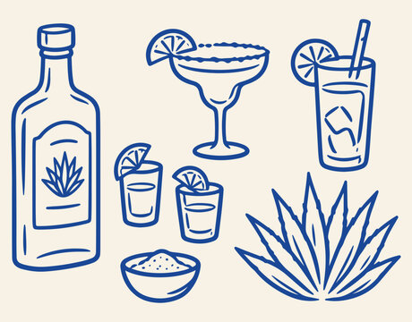 Hand-drawn vector illustration of tequila bottle margarita glass shot glasses salt and agave plant perfect for bar menus party invitations and Mexican-themed designs