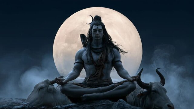 Meditating Lord Shiva with a bull and the moon in the night sky