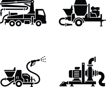 Four black silhouette icons of concrete pumping equipment, including a line pump, grout mixer pump, shotcrete pump, and slurry pump, presented in a flat vector style on a clean background