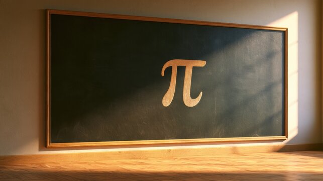 A classic blackboard shows the mathematical constant pi with chalk text in a bright classroom lit by warm light.