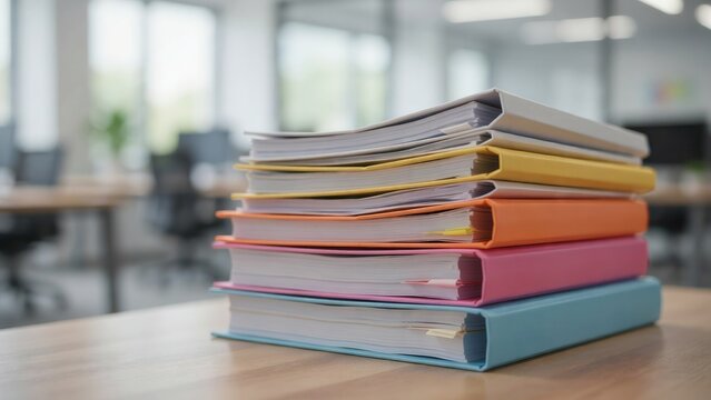 A stack of colorful office binders rests on a wooden desk in a blurred modern workplace. Ideal for business administration and document management concepts.