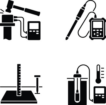 Geotechnical monitoring equipment icons, pile driving analyzer, inclinometer probe, settlement plate and piezometer, isolated vector silhouettes