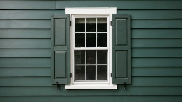A classic white framed window with green shutters on a dark green horizontal siding wall. Represents residential home architecture and exterior renovation concepts.