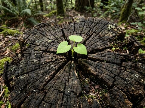 A small green plant growing from the center of a weathered, dark tree stump in a forest