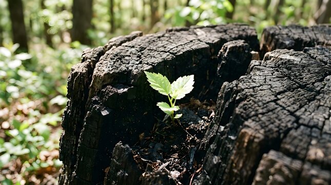 A small green sapling growing from the center of a charred, weathered tree stump in a forest