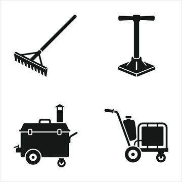 Set of four flat black silhouettes of asphalt paving tools including rake, tamper, heater, and infrared patcher, isolated on a white background