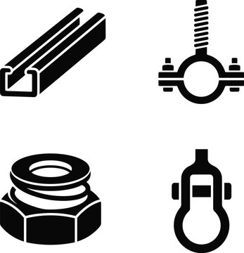 Set of four industrial pipe hanging support icons, strut channel, spring hanger, channel nut, clevis hanger, flat solid black silhouette vector style