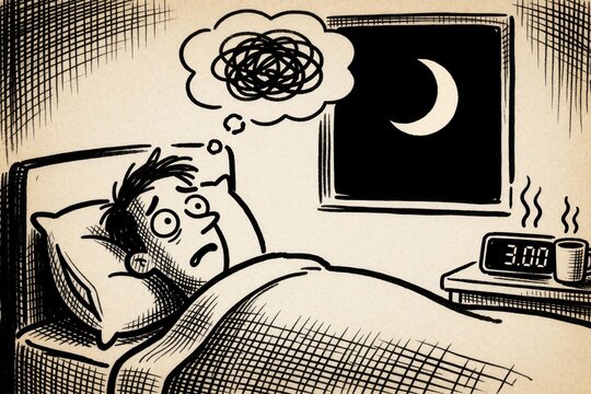 Man wide awake in bed at 3 AM his mind races with jumbled thoughts. Night sky with moon visible through window. Sleep disturbance affects mental health.