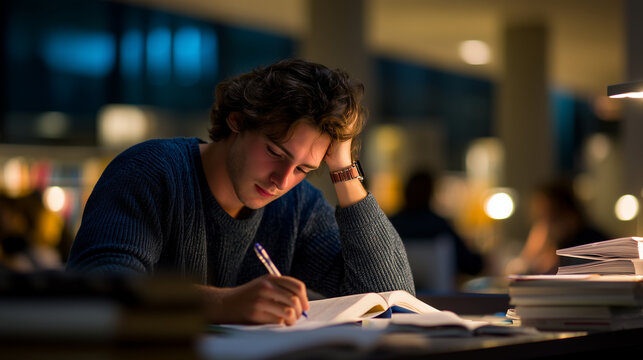 Exhausted young student studying late at night, writing in a notebook surrounded by books, representing academic pressure, exam preparation, fatigue and education challenges.