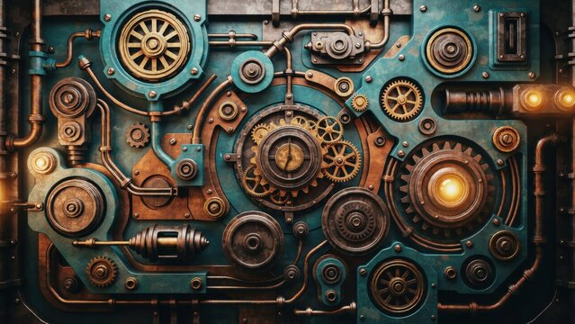 Intricate steampunk machine mechanism with glowing bronze gears and blue metal piping. Use this mechanical background to represent innovation and complex engineering concepts.