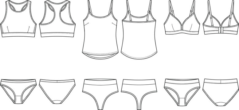 Women Lingerie and Activewear Technical Fashion Flat Sketch Set, Sports Bra Camisole Panties Front Back Views
