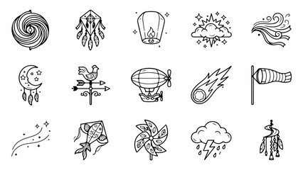 Set of hand drawn weather and sky icons including wind clouds air balloon and celestial objects © OMESA