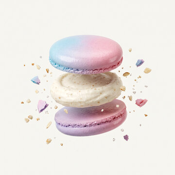 Exploded view of a colorful pastel macaron with creamy filling and flying crumbs