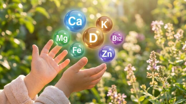 Hands holding glowing essential vitamin and mineral spheres with chemical symbols against a blurred green natural background