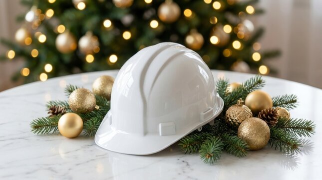 White hard hat on a marble table with Christmas decorations and a blurred Christmas tree in the background, concept of holiday construction and safety