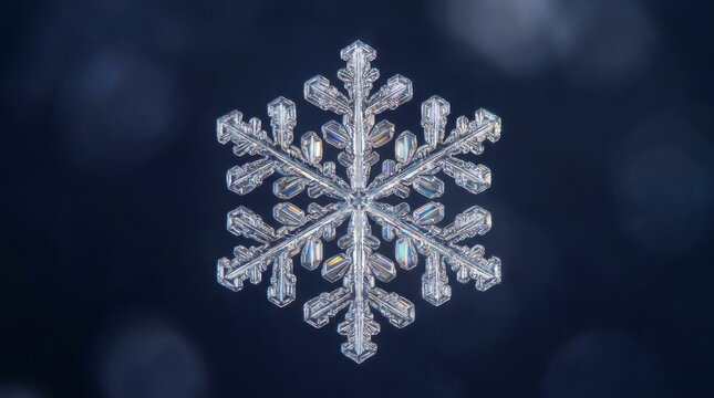 Close-up macro photograph of a perfectly formed natural snowflake crystal with intricate details on a dark blue background with bokeh lights, concept of uniqueness and natural beauty