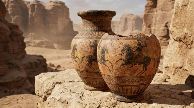 Ancient Greek-style amphorae with warrior and horse paintings on a rock in a desert canyon, concept of historical discovery and archaeology