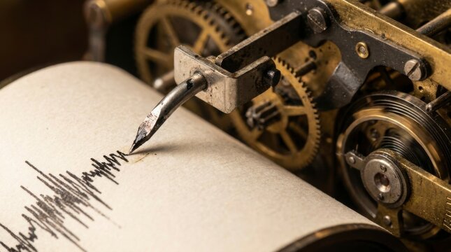 Seismograph machine with gears recording seismic activity on paper, close-up of a vintage scientific instrument, concept of seismic activity and scientific measurement