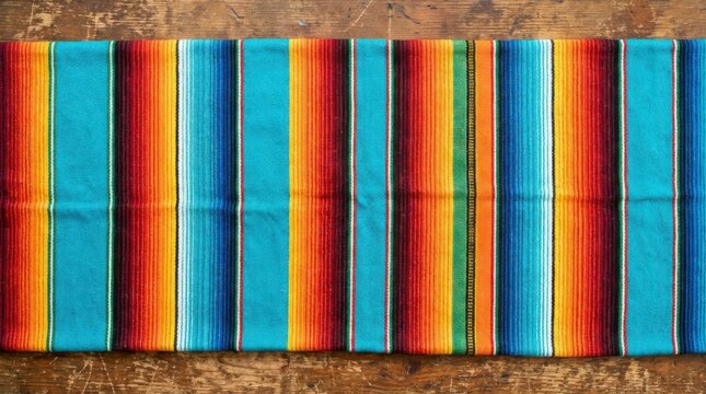 Vibrant striped serape fabric with colorful vertical bands of blue, orange, and red, showcasing traditional textile patterns, concept of cultural heritage and vibrant tradition