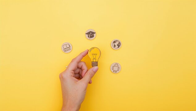 Innovative Learning and Knowledge Development Concept. Magnifying glass over glowing light bulb symbol with brain, representing education, global learning objectives, creativity, and e-learning. learn