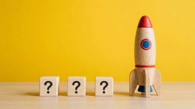 Wooden rocket next to three question mark blocks on a bright yellow background, symbolizing problem-solving and new beginnings, concept of problem-solving and new beginnings