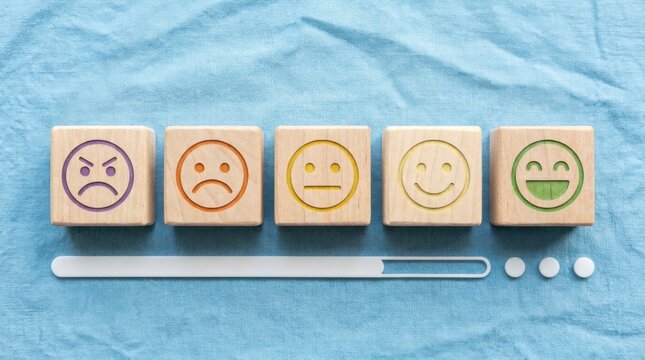 Wooden blocks with facial expressions from angry to happy, representing a customer satisfaction rating or feedback scale on a blue background, concept of customer satisfaction and feedback