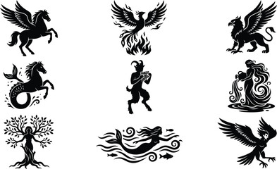Obraz premium Set of black silhouettes featuring mythical creatures and zodiac symbols isolated on a white background, for fantasy and, astrology themes