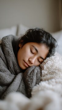 Asian female young adult sleeping peacefully wrapped in warm blanket