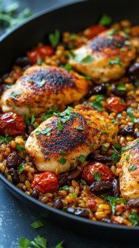 Delicious mediterranean chicken dish with tomatoes and olives in a skillet