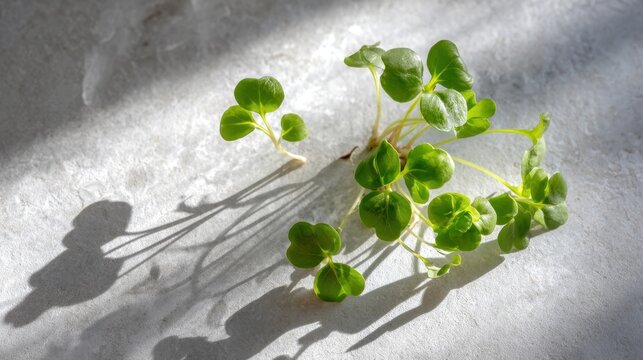 Fresh green radish sprouts on sunlit stone surface with long shadows
