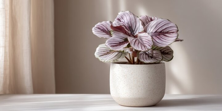 Elegant calathea plant with striped foliage in minimalist ceramic pot by sunny window