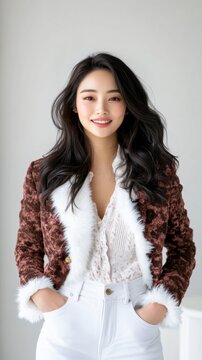 Asian female young adult in stylish outfit with vibrant smile. Fur-Free Friday