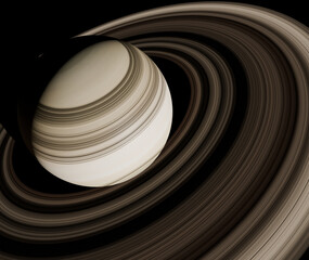 High-resolution 3D digital illustration of Saturn showing its magnificent ring system and atmospheric bands, suitable for science and astronomy projects. © Emirhan