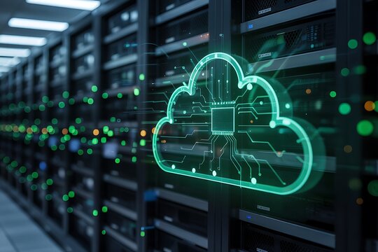 Data center servers with a glowing cloud computing overlay image